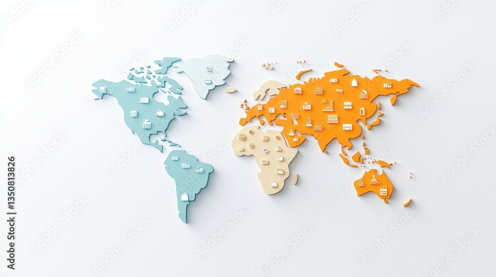 Aufkleber global world map world map with icons representing different industries and businesses, symbolizing 