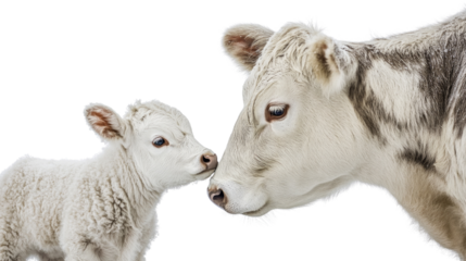 A mother cow and her baby are snuggling together