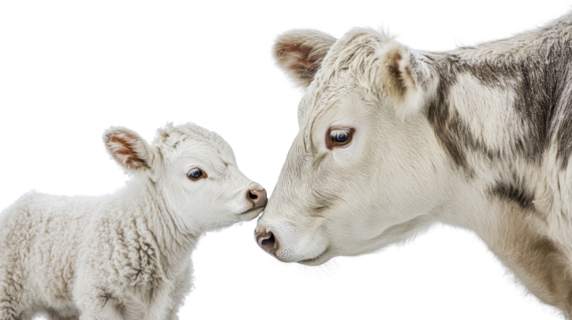 A mother cow and her baby are snuggling together