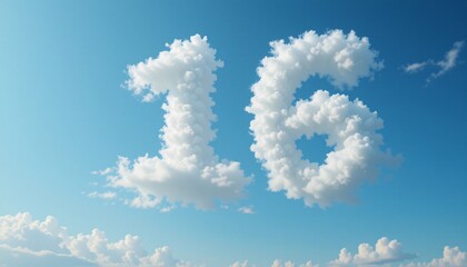 Number 16 in Clouds, Sky Background, Cloud shaped number sixteen in a blue sky