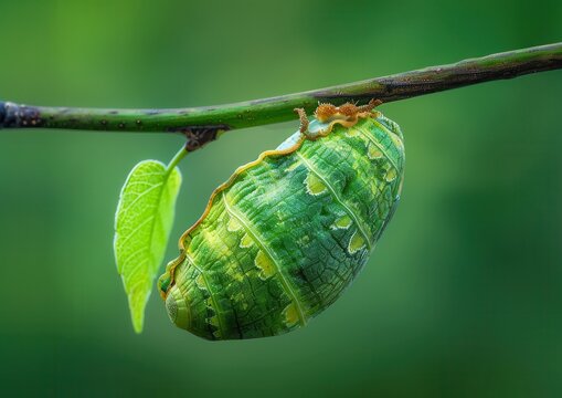 Green chrysalis hanging on a twig with a fresh leaf.