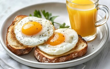 Fototapeta premium Delicious Fried Eggs on Toast with Orange Juice