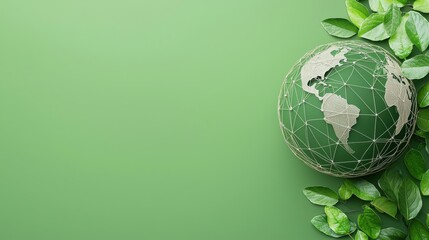 Sustainability Globe with Leaves Abstract globe made of interconnected leaves, green background, symbolizes the global ecosystem