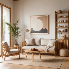 Modern Minimalist Living Room Interior Design with Beige Sofa and Wooden Furniture