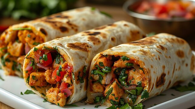 Indian kathi roll sliced open reveal filling placed neatly on a white plate isolated clean styling