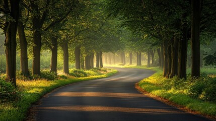 Fototapeta premium A quiet country road, lined with tall trees whose branches stretch above to form a canopy, invites a leisurely stroll through the countryside. 