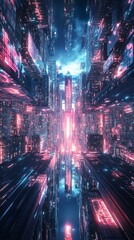 Fototapeta premium Altered Perception Absorption Futuristic cityscape with neon lights and depth.