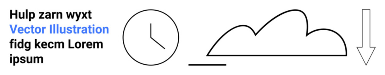 Clock symbol illustrating time, cloud shape for storage or connectivity, and downward arrow depicting navigation or direction. Ideal for technology, data, internet, business, scheduling, simplicity