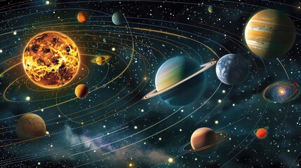 A digital illustration of planets in the solar system, with glowing orbits and celestial elements.


