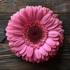 A vibrant pink flower with a central dark core, set against a textured wooden background.