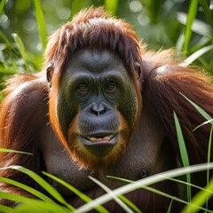 Fototapeta premium Orangutan Close-up in Lush Green Foliage