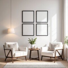 Modern Minimalist Living Room Interior with White Armchairs and Empty Frames