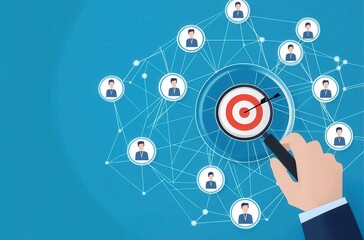 A hand uses a magnifying glass to focus on a target surrounded by a network of connected people icons on a blue background. The image is a conceptual