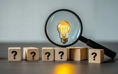 Illuminated lightbulb magnified by a magnifying glass rests on a dark wooden surface near wooden blocks with question marks, suggesting discovery and