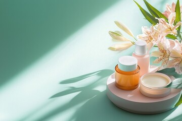 Revitalize your skincare routine with pastel-colored products on a soft surface captured in natural light ideal for a calming home environment