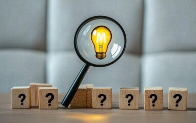 Magnifying glass over a lightbulb with a letter M inside, on wooden blocks with question marks. The image symbolizes problem solving, ideas, and