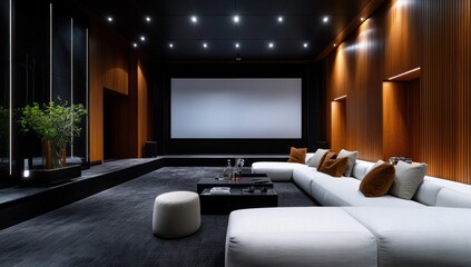 Modern Home Theater Room Features Large Screen And Comfortable Seating