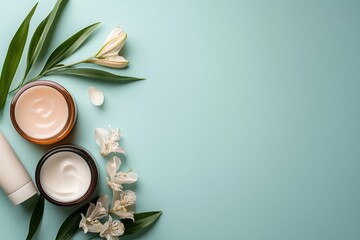 Pastel-colored skincare products flat lay for a daily routine minimalist aesthetic natural elements studio environment top-down perspective emphasis on skincare benefits