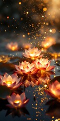 Obraz premium Illuminated Lotus Flowers on a Calm Pond at Dusk