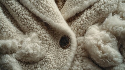Close Up Of White Fur Jacket With Detailed Texture And Brown Button