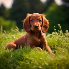 Irish Setter puppy lying on the green meadow in summer green field. Portrait of a cute Irish Setter pup lying on the grass with summer landscape in the background. AI generated dog illustration.