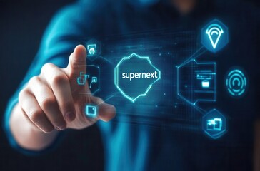 Person in blue shirt interacts with a futuristic, glowing digital interface showing various icons and the word "supernext". The scene is dark and