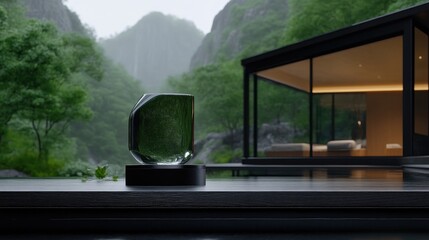 Modern minimalist glass sculpture in a tranquil mountain resort setting. 