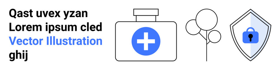 Medical bottle with cross, simplistic tree design, shield lock representing security and care. Ideal for health, medicine, environment, protection, safety, trust digital security flat landing page