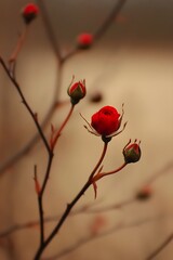 Stunning Red Rose Bud Branch Minimalist Photography