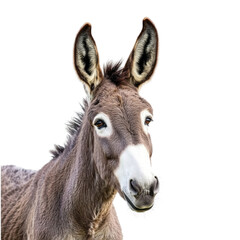 Fototapeta premium A donkey with a white face and brown ears is staring at the camera