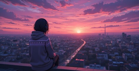 Girl watching sunset over city, Silhouette of girl enjoying sunset cityscape view