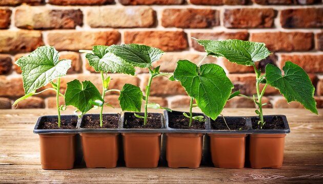 sprouts of cucumber in pots on a brick wall background