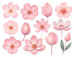 Fototapeta premium Pink Flower Collection Blossoms, Buds, and Leaves