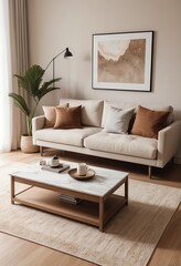 Modern Living Room Interior Design with Beige Sofa and Coffee Table