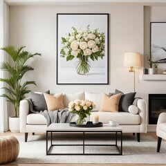 Modern Living Room Interior with White Sofa, Flowers, and Decor