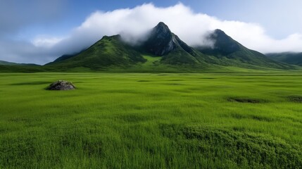 Lush green meadow stretches to majestic mountains shrouded in mist