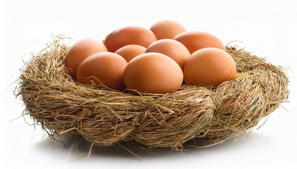 organic eggs in a straw nest isolated on white background