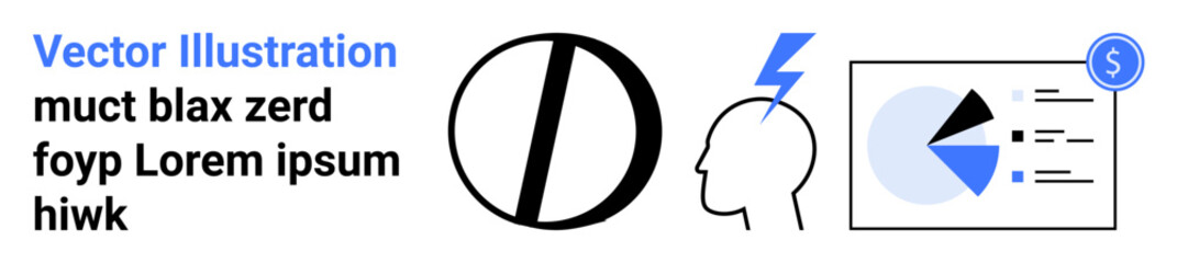 Black-and-white and blue diagrams with abstract elements including circle diagrams, head silhouette with a lightning bolt, and data analytics chart. Ideal for education, business insight, mind power