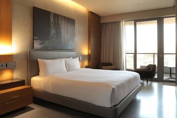 A Luxurious Bedroom Interior Featuring a Comfortable Bed and Balcony