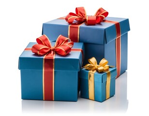 Fototapeta premium Three Blue Gift Boxes with Red and Gold Ribbons