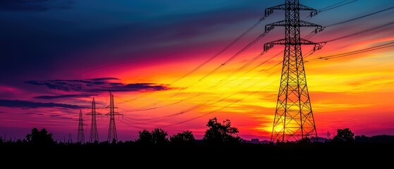 Fototapeta premium A vibrant sunset with power lines silhouetted against a colorful sky.
