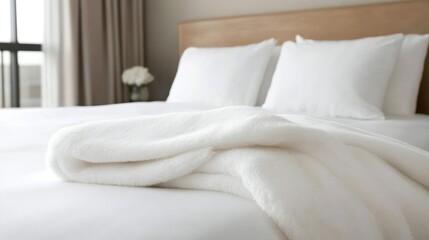 Luxurious white bedding, plush blanket