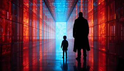 Fototapeta premium Silhouette of Father and Child in Futuristic Corridor, Father and child silhouette in a glowing futuristic hallway.