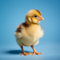 Cute Fluffy Baby Chick on Blue Background