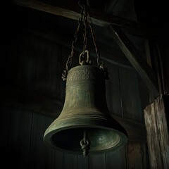 Obraz premium Ancient bell hangs in rustic barn; dark, moody lighting; historical setting; ideal for history, mystery, or religion themed projects