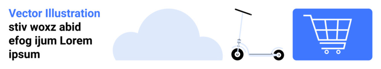 Minimalist electric scooter, shopping cart, and cloud illustration. Ideal for sustainability, ecommerce, urban mobility, eco-solutions, technology, shopping platforms simple landing page