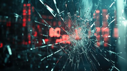 Broken glass with intricate cracks reflecting neon lights in background