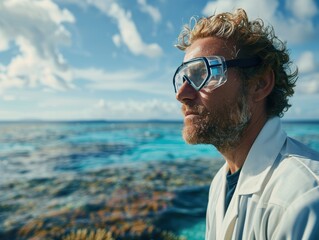 Man wearing goggles and a white shirt is standing on a beach