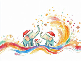 Obraz premium Watercolor elephant family Christmas clipart cute animal group Santa hat festive winter illustration hand drawn wildlife baby elephant parents joyful snow background red white watercolor style fun art
