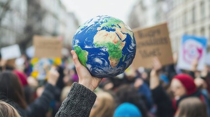 Person Holding Globe at Protest for Environmental Awareness